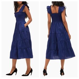 Hill House The Ellie Nap Dress Midi Sleeveless Smocked Tiered Pockets Blue